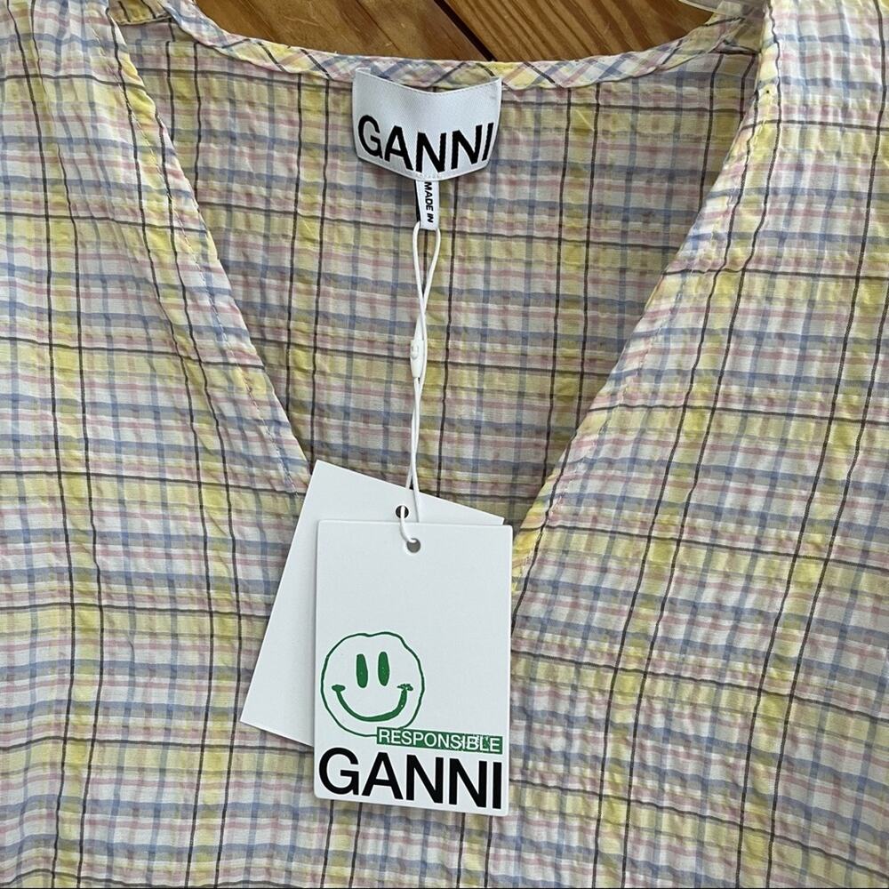 GANNI Seersucker Check Print Puff Sleeve Midi Dress - Picture 12 of 14